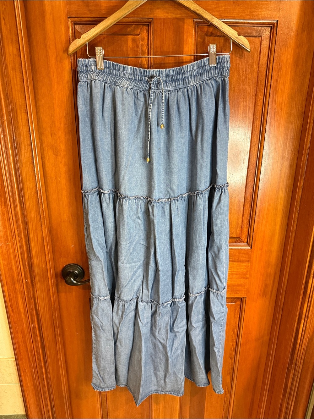 Esprit Light Blue Tiered Denim Maxi Skirt with Drawstring